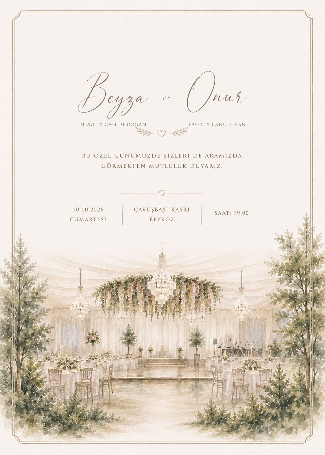 Beyza ve Onur Düğün Davetiyesi — 10.10.2026 Cumartesi, Çavuşbaşı Kasrı, Beykoz, Saat 19.00